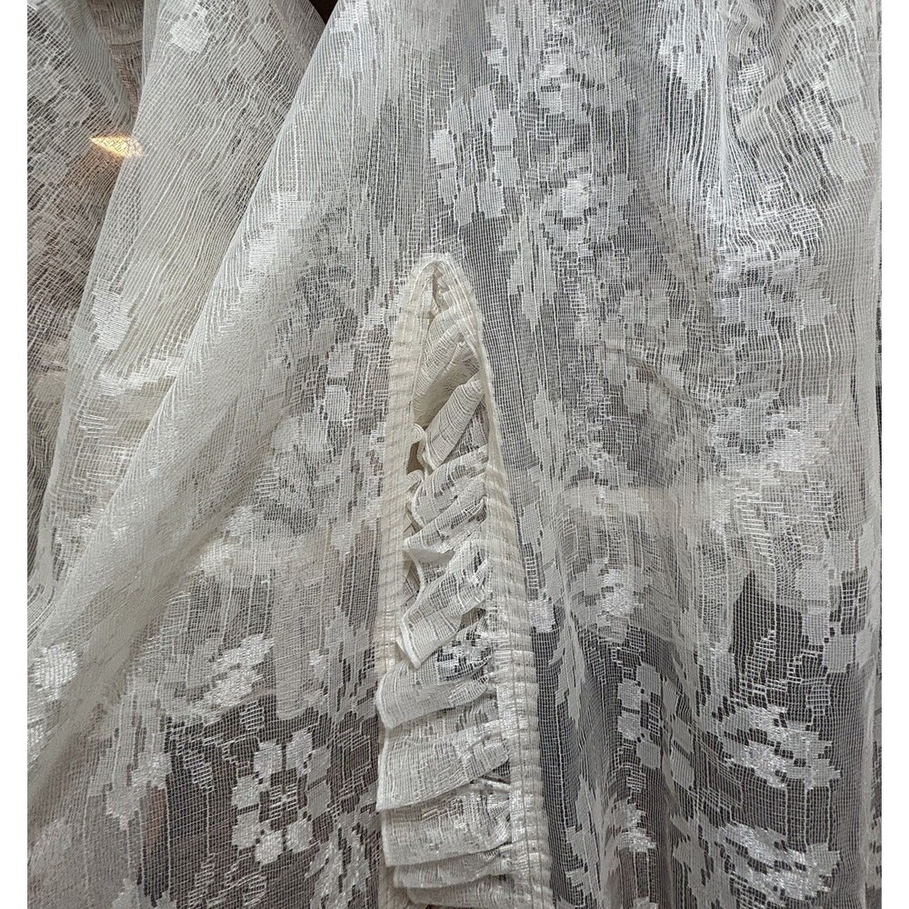 Vtg Ivory Floral Lace Curtain Ruffled Edges Attached Valance 58x84 Cottage Core - Picture 14 of 16